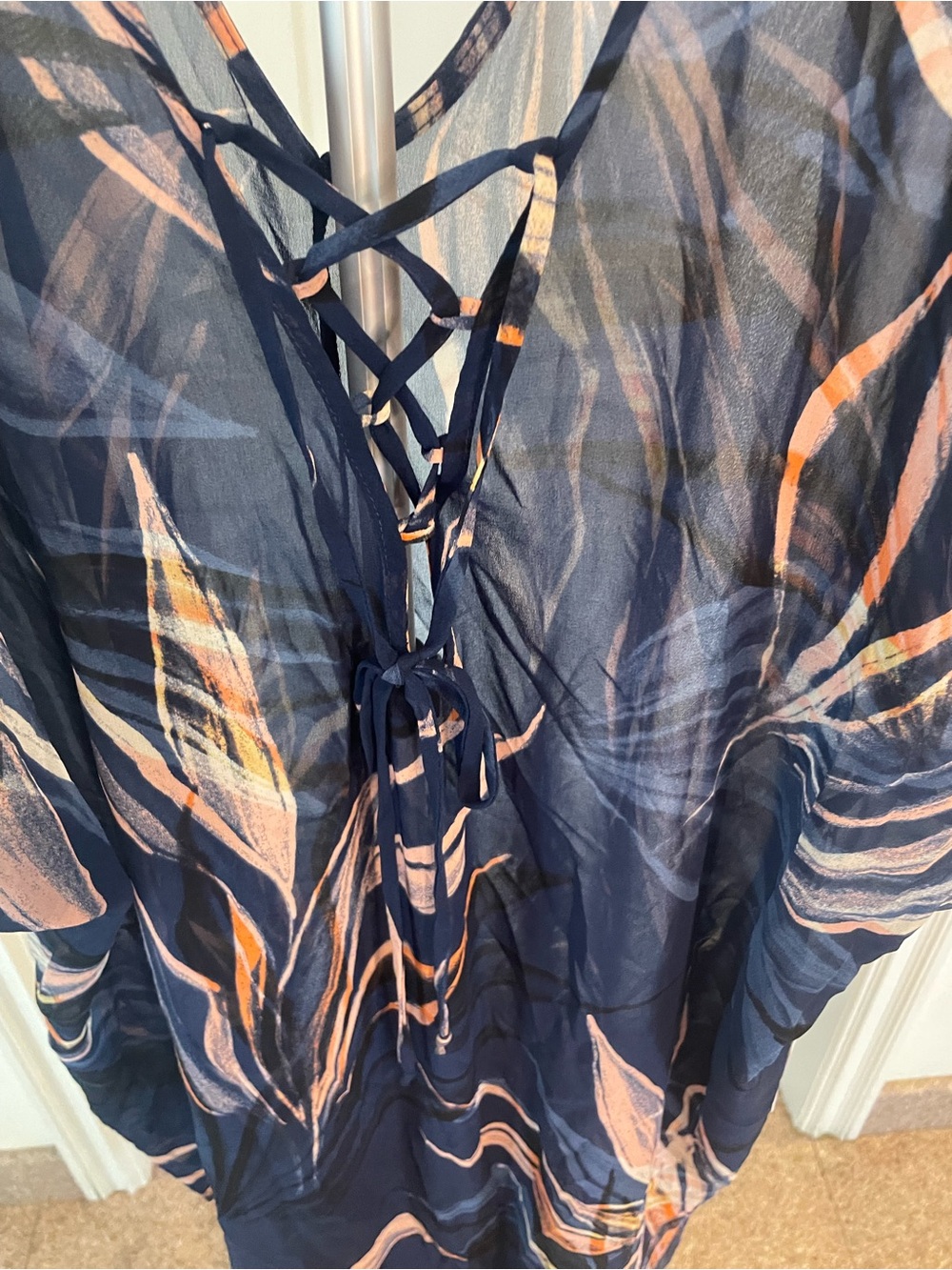 ASTR Navy Floral Sheer Split-Sleeve Tunic Cover up Dress - Picture 3 of 8